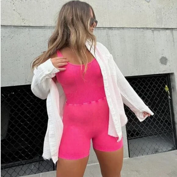Zenana Outfitters LIKE NEW hot pink mineral wash spandex onesie romper L/XL - Picture 4 of 9